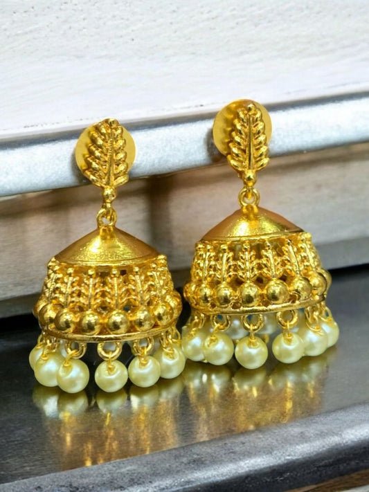 Ishhaara Gold Leaf Beaded Jhumka Earrings