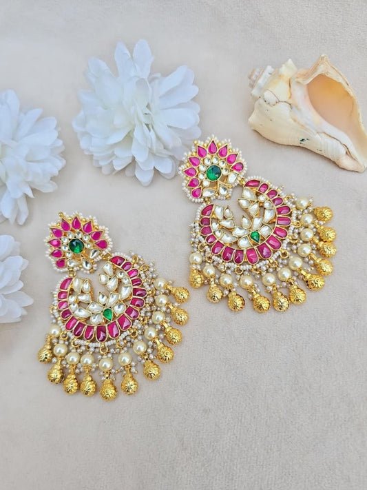 Ishhaara Kundan Chandbali Earrings With Pearl And Gold Bell Drops - handcrafted Indian jewellery
