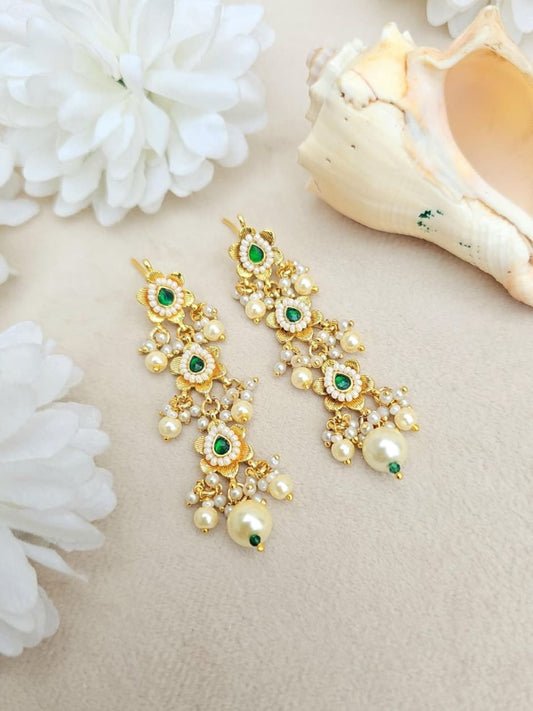 Ishhaara Kundan Green Bead Dangler Earrings - handcrafted Indian jewellery