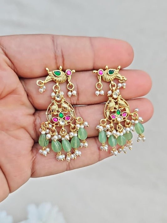 Ishhaara Kundan Peacock Drop Earrings With Pearl And Green Beads - handcrafted Indian jewellery