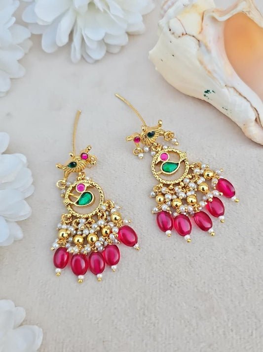 Ishhaara Kundan Peacock Drop Earrings With Ruby Red Beads - handcrafted Indian jewellery