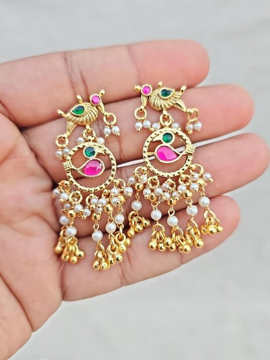 Ishhaara Kundan Peacock Jhumka Earrings With Pearl And Gold Shell Drops - handcrafted Indian jewellery