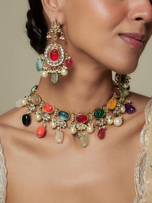 Ishhaara Navratna Pearl Choker Set - handcrafted Indian jewellery